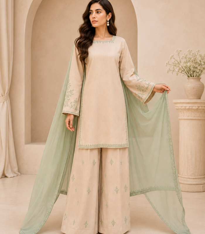 Soft Beige & Sage Green Embroidered 2-Piece Lawn Set
